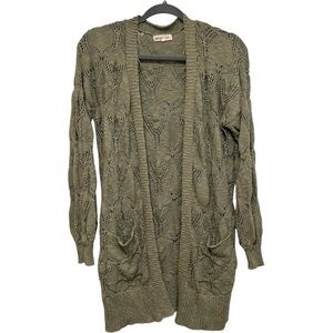 Margeaux & Ellie Open Knit Crochet Duster Long Cardigan Sweater Olive Green M